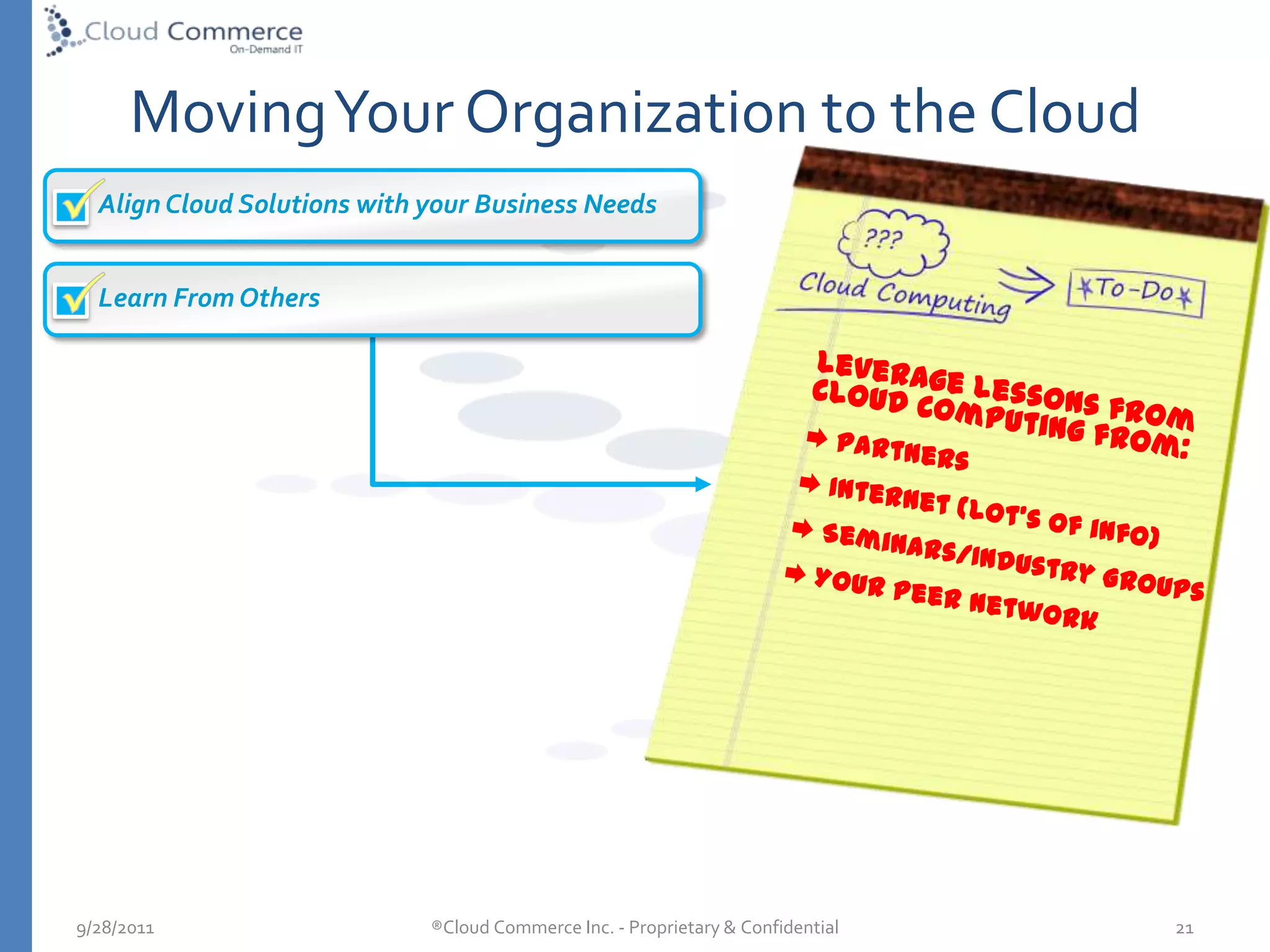 Said bluntly…  A New Utility: Computing Services5/10/2010®Cloud Commerce Inc. - Proprietary & Confidential  8What is Cloud Computing?Where did it come from?Diagrams from the Network GuysAugust 2006, where Eric Schmidt of Google described their approach to SaaS as “cloud computing” at a search engine conference.