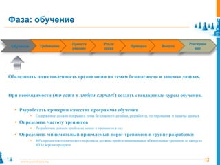 Фаза: обучение

                                      Проекти            Реали                                           Реагирова
 Обучение
  Training         Requirements
                   Требования          Design        Implementation     Verification
                                                                        Проверка         Release
                                                                                         Выпуск           Response
                                      рование            зация                                              ние




Обследовать подготовленность организации по темам безопасности и защиты данных.


При необходимости (то есть в любом случае!) создать стандартные курсы обучения.


   • Разработать критерии качества программы обучения
             •   Содержимое должно покрывать темы безопасного дизайна, разработки, тестирования и защиты данных
   • Определить частоту тренингов
             •   Разработчик должен пройти не менее n тренингов в год
   • Определить минимальный приемлемый порог тренингов в группе разработки
             •   80% процентов технического персонала должны пройти минимальные обязательные тренинги до выпуска
                 RTM версии продукта



     www.pointlane.ru                                                                                              12
 