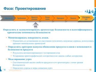 Фаза: Проектирование

                               Проекти      Реали                                  Реагирова
 Обучение
  Training      Requirements
                Требования      Design   Implementation   Verification
                                                          Проверка       Release
                                                                         Выпуск     Response
                               рование      зация                                     ние




Определить и задокументировать архитектуру безопасности и идентифицировать
   критические компоненты безопасности

  • Минимизировать поверхность атаки.
        • Ограничить ее установками по умолчанию (отключить ненужные сервисы, использовать
          принцип минимальных привилегий
  • Определить критерии выпуска обновления продукта в связи с изменением в
    безопасности продукта
        • Результаты автоматизированного тестирования атак
        • Устаревание криптографических алгоритмов или замена слабых алгоритмов
  • Моделирование угроз
        • Систематический анализ свойств продукта и его архитектуры с точки зрения
          безопасности
        • Определить угрозы и меры снижения угроз
      www.pointlane.ru                                                                     15
 