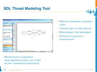 SDL Threat Modeling Tool


                                • Обучает созданию диаграмм
                                  угроз
                                • Анализ угроз и мер защиты
                                • Интеграция с багтреккером
                                • Отчеты по угрозам и
                                  уязвимостям




Формализует и упрощает
моделирование угроз так чтобы
им мог заниматься архитектор

   www.pointlane.ru                                      17
 
