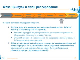Фаза: Выпуск и план реагирования

                              Проекти      Реали                                  Реагирова
Обучение
 Training      Requirements
               Требования      Design   Implementation   Verification
                                                         Проверка       Release
                                                                        Выпуск     Response
                              рование      зация                                     ние




Создать политики поддержки продукта

            Создать план реагирования на инциденты безопасности - Software
            Security Incident Response Plan (SSIRP)
               Контакты и ресурсы внутри организации для адекватной реакции на
               обнаружение уязвимостей и защиту от атак
               24x7x365 контакт с 3-5 инженерами, 3-5 специалистами маркетинга, и
               1-2 менеджеров верхнего уровня
            Обратите внимание на необходимость выпуска экстренных обновлений
            вашего продукта из за уязвимостей в коде сторонних производителей
            включенном в ваш продукт. Так же может быть необходимость
            обновлять продукт после обновления ОС.



    www.pointlane.ru                                                                      21
 