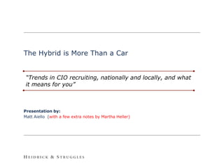 The Hybrid is More Than a Car


 “Trends in CIO recruiting, nationally and locally, and what
 it means for you”



Presentation by:
Matt Aiello (with a few extra notes by Martha Heller)
 