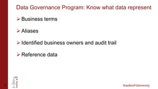 7
Data Governance Program: Know what data represent
 Business terms
 Aliases
 Identified business owners and audit trail
 Reference data
 