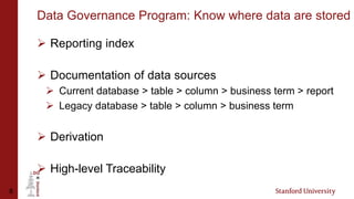 8
Data Governance Program: Know where data are stored
 Reporting index
 Documentation of data sources
 Current database > table > column > business term > report
 Legacy database > table > column > business term
 Derivation
 High-level Traceability
 