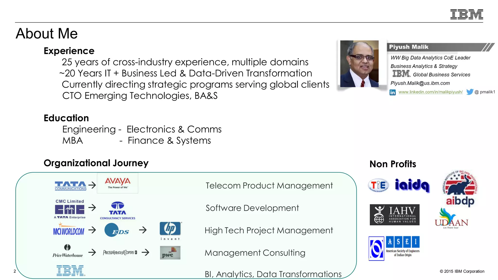 © 2015 IBM Corporation2
Experience
25 years of cross-industry experience, multiple domains
~20 Years IT + Business Led & Data-Driven Transformation
Currently directing strategic programs serving global clients
CTO Emerging Technologies, BA&S
Education
Engineering - Electronics & Comms
MBA - Finance & Systems
Organizational Journey
 Telecom Product Management
 Software Development
  High Tech Project Management
  Management Consulting
BI, Analytics, Data Transformations
About Me
Non Profits
 