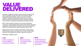 Accenture’s intelligent automation program overall has delivered 35
percent cumulative savings across all our automation programs,
including RPA. RPA solutions, spanning more than 70 bots in
production operating at a 98 percent success rate, are making a
business impact by accelerating end-to-end processing, reducing
errors, improving consistency and generating operational savings.
Bots in various business processes such as service operations,
invoicing, tax, proposal legal reviews, sales quotes, identity and access
management, and timesheet reconciliation are producing operational
efficiencies, helping Accenture internal operations deliver value.
RPA programs continue to expand as Accenture’s business grows,
platform solutions mature, and teams look to further combine hyper-
automation technologies with optimized operational processes.
RPA program highlights include:
VALUE
DELIVERED
50%
Infrastructure and
critical application
alerts are actioned by
automation
98%
Bot success rate
in processing data
accurately
70+
Bots in production
across different
business functions
Copyright © 2020 Accenture. All rights reserved
 