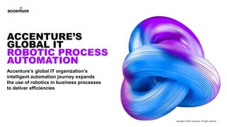Accenture’s global IT organization’s
intelligent automation journey expands
the use of robotics in business processes
to deliver efficiencies
ACCENTURE’S
GLOBAL IT
ROBOTIC PROCESS
AUTOMATION
Copyright © 2020 Accenture. All rights reserved
 