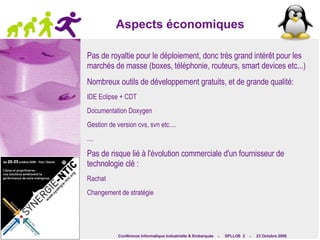 Linux disponible sur les 5 architectures les plus utilisées Processeur utilisé dans les applications embarquées (Embedded Linux Market Survey 2007 LinuxDevices.com) 