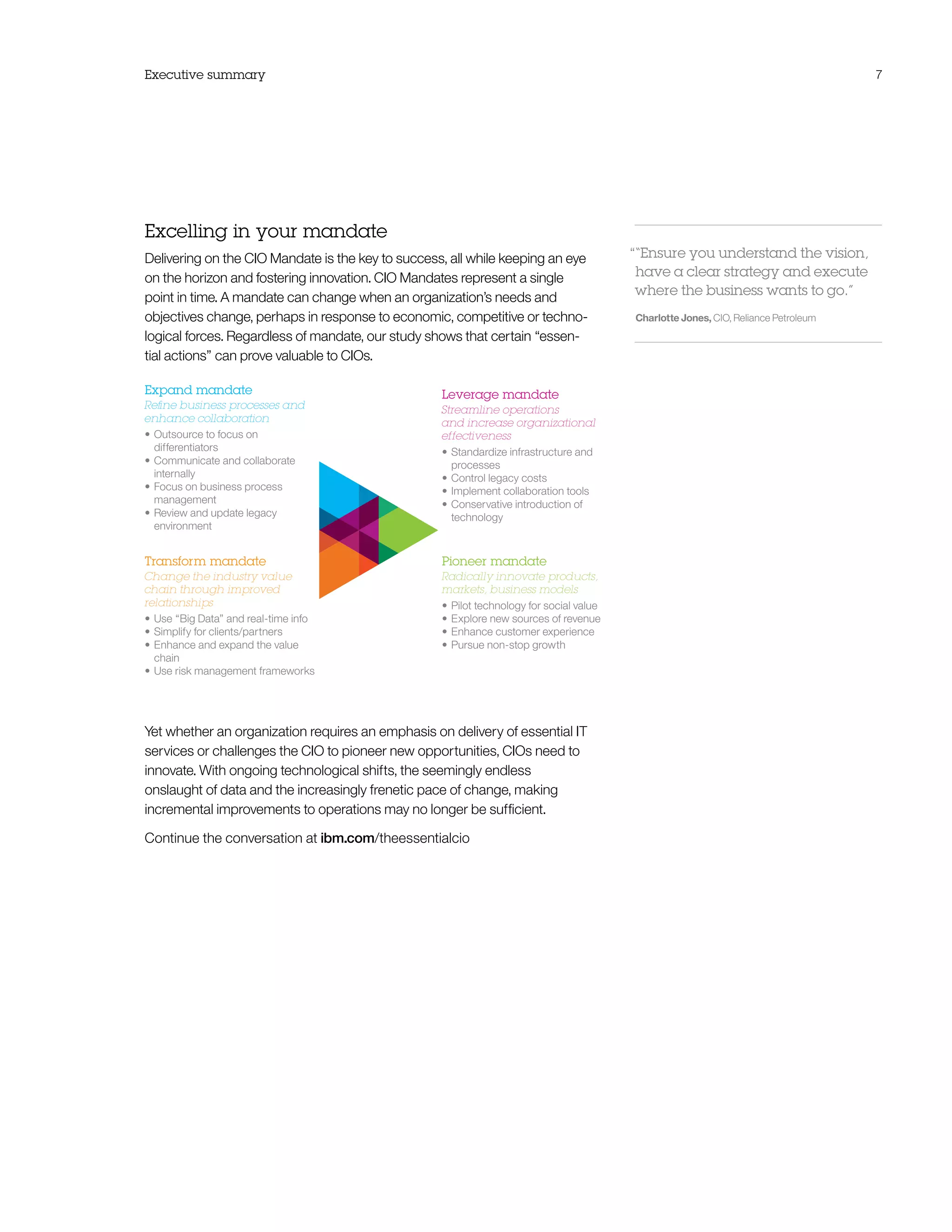 Executive summary                                                                                                                    7




Excelling in your mandate
Delivering on the CIO Mandate is the key to success, all while keeping an eye             ““Ensure you understand the vision,
on the horizon and fostering innovation. CIO Mandates represent a single                   have a clear strategy and execute
point in time. A mandate can change when an organization’s needs and                       where the business wants to go.”
objectives change, perhaps in response to economic, competitive or techno-                Charlotte Jones, CIO, Reliance Petroleum
logical forces. Regardless of mandate, our study shows that certain “essen-
tial actions” can prove valuable to CIOs.

Expand mandate                                     Leverage mandate
Refine business processes and                      Streamline operations
enhance collaboration                              and increase organizational
•	 Outsource to focus on                           effectiveness
   differentiators                                 •	 Standardize infrastructure and
•	 Communicate and collaborate                        processes
   internally                                      •	 Control legacy costs
•	 Focus on business process                       •	 Implement collaboration tools
   management                                      •	 Conservative introduction of
•	 Review and update legacy                           technology
   environment


Transform mandate                                  Pioneer mandate
Change the industry value                          Radically innovate products,
chain through improved                             markets, business models
relationships                                      •	 Pilot technology for social value
•	 Use “Big Data” and real-time info               •	 Explore new sources of revenue
•	 Simplify for clients/partners                   •	 Enhance customer experience
•	 Enhance and expand the value                    •	 Pursue non-stop growth
   chain
•	 Use risk management frameworks




Yet whether an organization requires an emphasis on delivery of essential IT
services or challenges the CIO to pioneer new opportunities, CIOs need to
innovate. With ongoing technological shifts, the seemingly endless
onslaught of data and the increasingly frenetic pace of change, making
incremental improvements to operations may no longer be sufficient.

Continue the conversation at ibm.com/theessentialcio
 