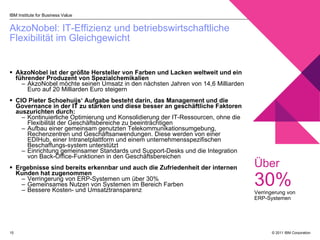 AkzoNobel:  IT-Effizienz und betriebswirtschaftliche    Flexibilität im Gleichgewicht  AkzoNobel ist der größte Hersteller von Farben und Lacken weltweit und ein führender Produzent von Spezialchemikalien AkzoNobel möchte seinen Umsatz in den nächsten Jahren von 14,6 Milliarden Euro auf 20 Milliarden Euro steigern CIO Pieter Schoehuijs‘ Aufgabe besteht darin, das Management und die Governance in der IT zu stärken und diese besser an geschäftliche Faktoren auszurichten durch : Kontinuierliche Optimierung und Konsolidierung d er IT-Ressourcen, ohne die Flexibilität der Geschäftsbereiche zu beeinträchtigen Aufbau einer gemeinsam genutzten Telekommunikationsumgebung, Rechenzentren und Geschäftsanwendungen. Diese werden von einer EDIHub, einer Intranetplattform und einem unternehmensspezifischen Beschaffungs-system unterstützt  Einrichtung gemeinsamer Standards und Support-Desks und die Integration von Back-Office-Funktionen in den Geschäftsbereichen  Ergebnisse sind bereits erkennbar und a uch die Zufriedenheit der internen Kunden hat zugenommen Verringerung von ERP-Systemen um über 30%  Gemeinsames Nutzen von Systemen im Bereich Farben Bessere Kosten- und Umsatztransparenz  Über  30%   Verringerung von  ERP-Systemen IBM Institute for Business Value 