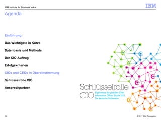 Agenda Einführung Das Wichtigste in Kürze Datenbasis und Methode Der CIO-Auftrag Erfolgskriterien CIOs und CEOs in Übereinstimmung Schlüsselrolle CIO Ansprechpartner IBM Institute for Business Value Ergebnisse der globalen Chief Information Officer Studie 2011 Die deutsche Sichtweise 