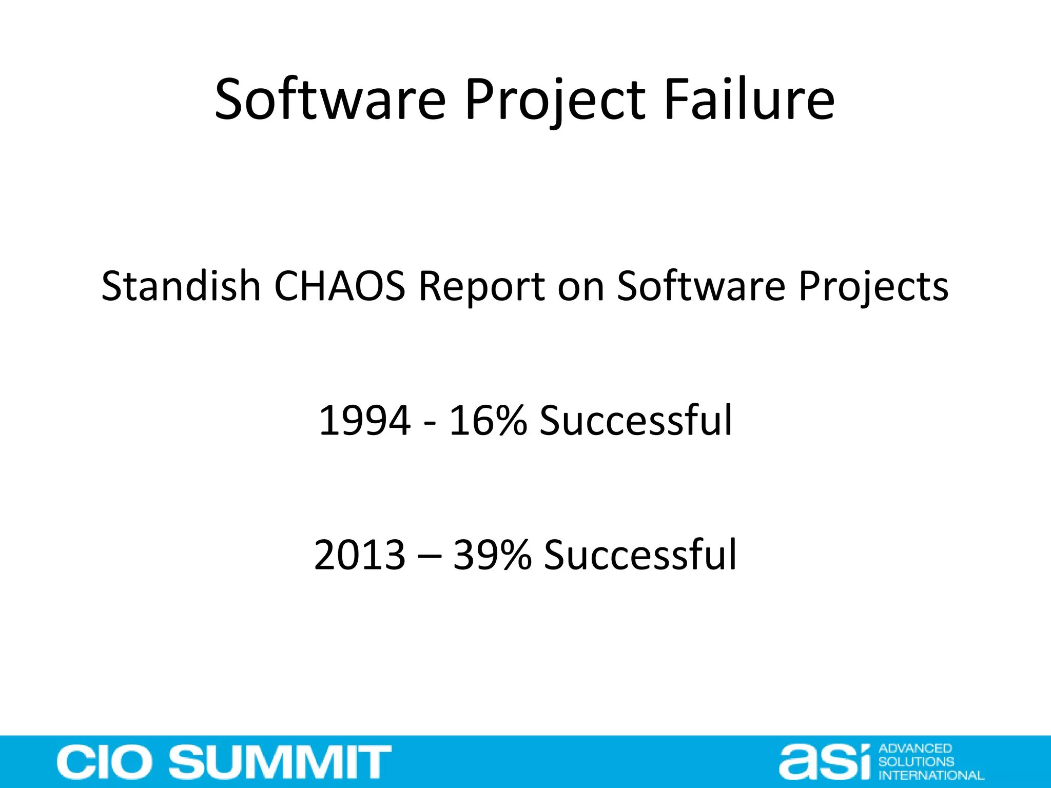 Software Project Failure
Standish CHAOS Report on Software Projects
1994 - 16% Successful
2013 – 39% Successful
 
