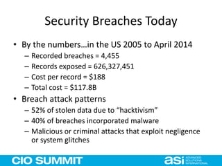 Security Breaches Today
• By the numbers…in the US 2005 to April 2014
– Recorded breaches = 4,455
– Records exposed = 626,327,451
– Cost per record = $188
– Total cost = $117.8B
• Breach attack patterns
– 52% of stolen data due to “hacktivism”
– 40% of breaches incorporated malware
– Malicious or criminal attacks that exploit negligence
or system glitches
 