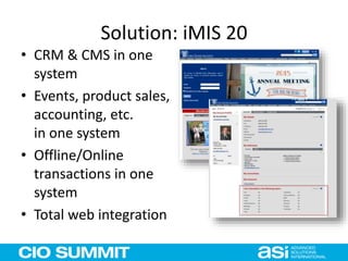 Solution: iMIS 20
• CRM & CMS in one
system
• Events, product sales,
accounting, etc.
in one system
• Offline/Online
transactions in one
system
• Total web integration
 