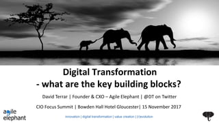 Digital Transformation
- what are the key building blocks?
CIO Focus Summit | Bowden Hall Hotel Gloucester| 15 November 2017
David Terrar | Founder & CXO – Agile Elephant | @DT on Twitter
innovation | digital transformation | value creation | (r)evolution
 