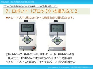 Techno Walker Inc. All rights reserved. 文書・画像等の無断使用・転載を禁止します。
■チュートリアル用のロボットの機能を全て組み込みます。
③P.42の1～7、P.48の1～8、P.54の1～19、P.68の1～5を
組み立て、PortViewとMotorControlを使って動作確認
④チュートリアルと異なり、すべてのパーツを組み合わせる
ブロックで作るロボットとC#を使ったIoT体験（その１）
７. ロボット（ブロック）の組み立て２
TW社内セミナー ブロックで作るロボットとC#を使ったIoT体験
 
