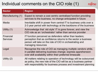 Individual comments on the CIO role (1)
Sector              Region
Manufacturing (1)   Expect to remain a cost centric centralised function providing
                    services to the business, no change anticipated in future
Media               Inevitable shift in power from central IT to business units over a
                    2-3 year period with technology at the backbone of the business
Utility (1)         Acknowledge that „old style‟ IT is gone forever, and view the
                    CIO role as an „orchestrator‟ rather than service provider
Financial           IT function perceived as defenders rather than leaders;
Services            perception that as confidence returns to the sector a business
                    person will take on the role of CIO in orchestrating and
                    managing resources
Legal               Recognise the role of CIO as managing multiple vendors while,
                    in parallel delivering business change; express apprehension
                    over skill availability within their preferred timescale
Utility (2)         All matters relating to operation of technology will be outsourced
                    as policy, the new role of the CIO will be as a business partner
                    with responsibility for business process and investment planning
 