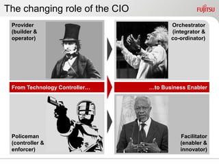 The changing role of the CIO
 Provider                             Orchestrator
 (builder &                           (integrator &
 operator)                            co-ordinator)




 From Technology Controller…   …to Business Enabler




 Policeman                               Facilitator
 (controller &                           (enabler &
 enforcer)                               innovator)
 