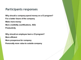 Participants responses
Why should a company spend money on a CI program?
For a better future of the company
Make more money
More credibility (certifications, ISO)
Productivity
Why should an employee learn a CI program?
More efficient
More prosperous for company
Personally more value to outside company
 