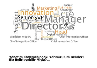 Yönetim Kademesindeki Yerimizi Kim Belirler?
Biz Belirleyebilir Miyiz?...
Bilgi İşlem Müdürü Chief Information Officer
Chief Digital Officer
Chief Integration Officer Chief Innovation Officer
 
