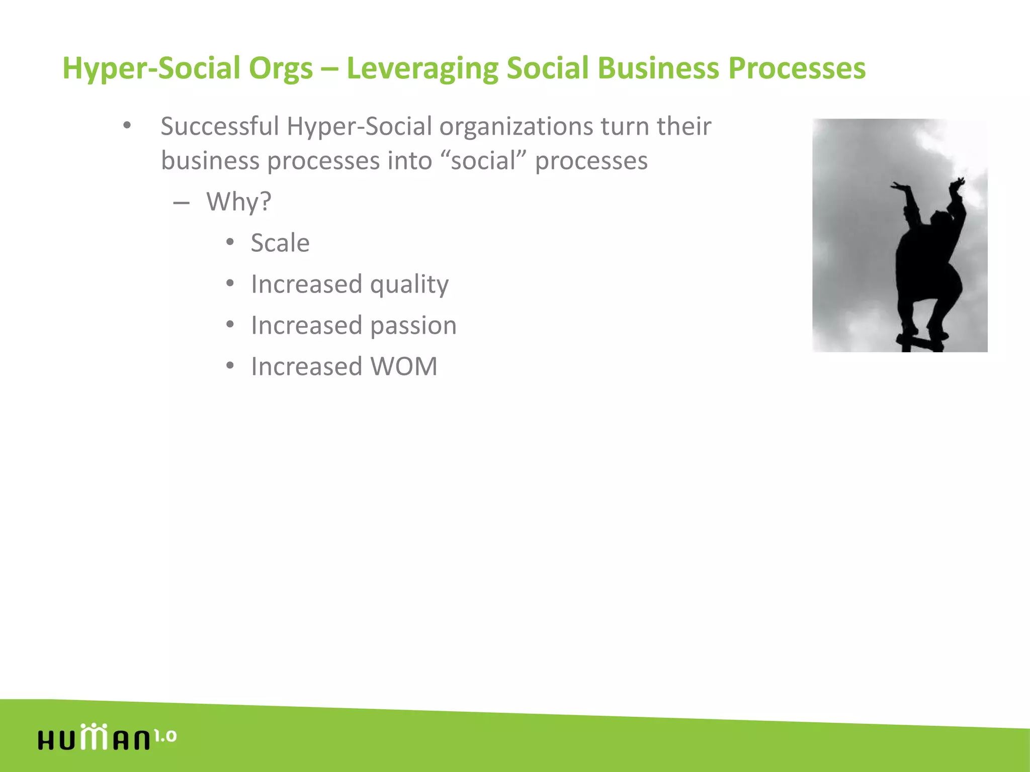 Hyper-Social Orgs – Leveraging Social Business ProcessesSuccessful Hyper-Social organizations turn their business processes into “social” processesWhy?ScaleIncreased qualityIncreased passionIncreased WOM