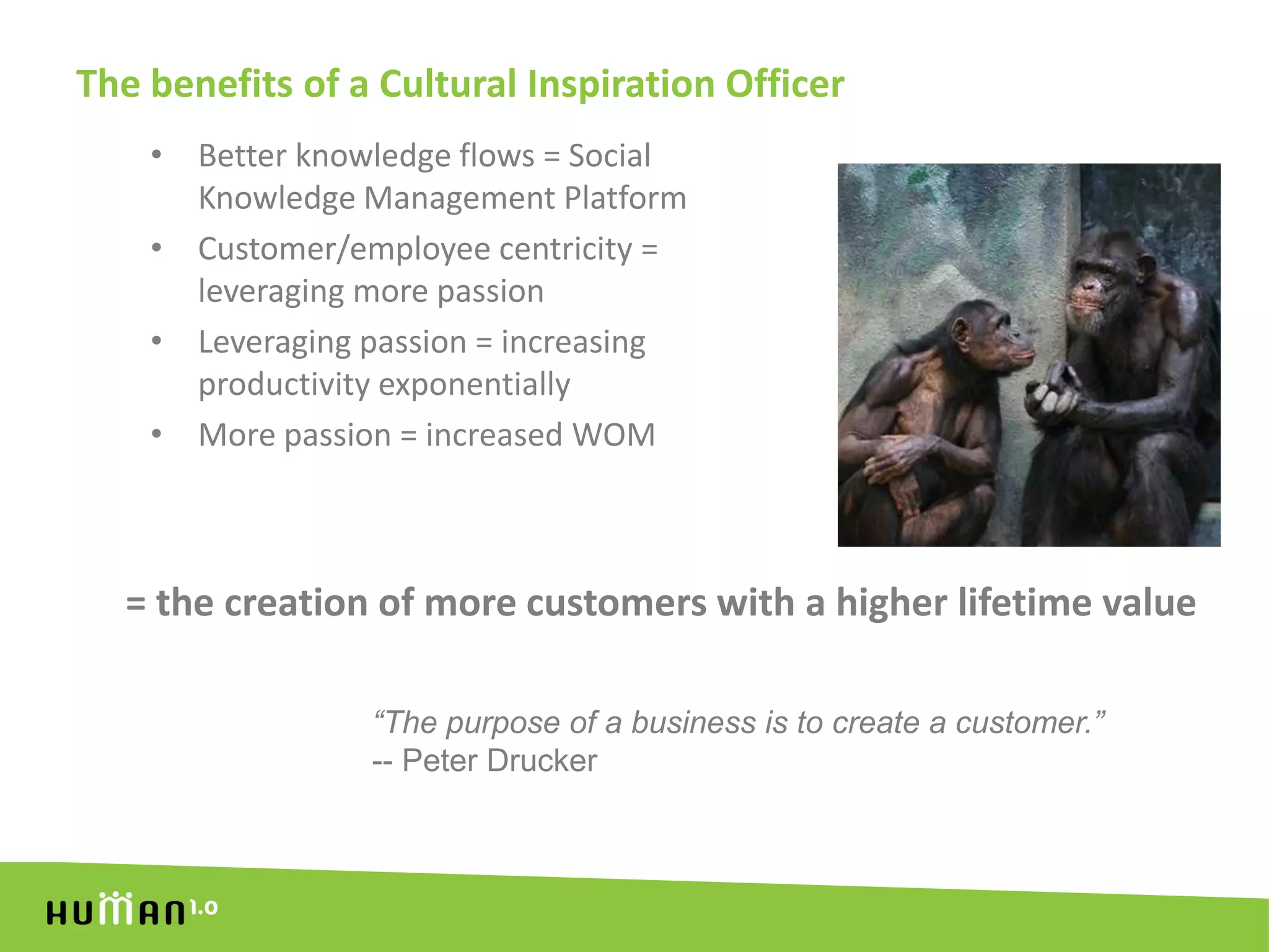 The benefits of a Cultural Inspiration OfficerBetter knowledge flows = Social Knowledge Management PlatformCustomer/employee centricity = leveraging more passionLeveraging passion = increasing productivity exponentiallyMore passion = increased WOM = the creation of more customers with a higher lifetime value“The purpose of a business is to create a customer.”-- Peter Drucker