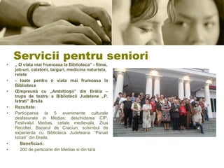 Servicii pentru seniori „  O viata mai frumoasa la Biblioteca” - filme, job-uri, calatorii, targuri, medicina naturista, retete - toate pentru o viata mai frumoasa la Biblioteca Împreună cu „Ambițioșii” din Brăila – trupa de teatru a Bibliotecii Judetene „P. Istrati” Braila Rezultate: Participarea la 5 evenimente culturale desfasurate in Medias: deschiderea CIP, Festivalul Medias, cetate medievala, Ziua Recoltei, Bazarul de Craciun, schimbul de experienta cu Biblioteca Judeteana ’’Panait Istrati’’ din Braila.  Beneficiari: 200 de persoane din Medias si din tara 