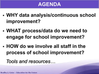  WHY data analysis/continuous school
improvement?
 WHAT process/data do we need to
engage for school improvement?
 HOW do we involve all staff in the
process of school improvement?
AGENDA
Tools and resources…
 