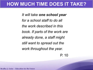 HOW MUCH TIME DOES IT TAKE?
It will take one school year
for a school staff to do all
the work described in this
book. If parts of the work are
already done, a staff might
still want to spread out the
work throughout the year.
P. 10
 