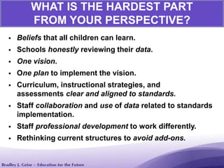 WHAT IS THE HARDEST PART
FROM YOUR PERSPECTIVE?
 Beliefs that all children can learn.
 Schools honestly reviewing their data.
 One vision.
 One plan to implement the vision.
 Curriculum, instructional strategies, and
assessments clear and aligned to standards.
 Staff collaboration and use of data related to standards
implementation.
 Staff professional development to work differently.
 Rethinking current structures to avoid add-ons.
 