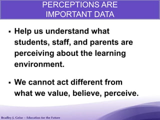  Help us understand what
students, staff, and parents are
perceiving about the learning
environment.
 We cannot act different from
what we value, believe, perceive.
PERCEPTIONS ARE
IMPORTANT DATA
 