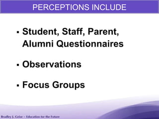  Student, Staff, Parent,
Alumni Questionnaires
 Observations
 Focus Groups
PERCEPTIONS INCLUDE
 