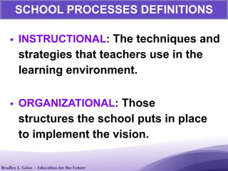 SCHOOL PROCESSES DEFINITIONS
 INSTRUCTIONAL: The techniques and
strategies that teachers use in the
learning environment.
 ORGANIZATIONAL: Those
structures the school puts in place
to implement the vision.
 