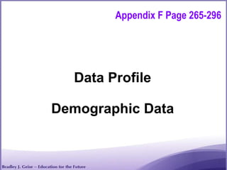 Data Profile
Demographic Data
ENGAGEMENT
Appendix F Page 265-296
 