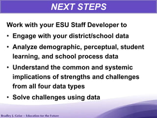 NEXT STEPS
Work with your ESU Staff Developer to
• Engage with your district/school data
• Analyze demographic, perceptual, student
learning, and school process data
• Understand the common and systemic
implications of strengths and challenges
from all four data types
• Solve challenges using data
 