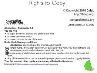 Rights to Copy
                                                             © Copyright 2010 0xlab
                                                                    http://0xlab.org/
                                                                    contact@0xlab.org
                                                                  Latest update:Oct 13, 2010
Attribution – ShareAlike 3.0
You are free
   to copy, distribute, display, and perform the work
   to make derivative works
   to make commercial use of the work
Under the following conditions
      Attribution. You must give the original author credit.
      Share Alike. If you alter, transform, or build upon this work, you may distribute the
      resulting work only under a license identical to this one.
   For any reuse or distribution, you must make clear to others the license terms of this
   work.
   Any of these conditions can be waived if you get permission from the copyright holder.
Your fair use and other rights are in no way affected by the above.
License text: http://creativecommons.org/licenses/by-sa/3.0/legalcode
 