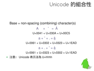 Unicode 的組合性


Base + non-spacing (combining) character(s)
                 A   + ˚ = Å
              U+0041 + U+030A = U+...