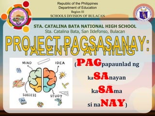 (PAGpapaunlad ng
kaSAnayan
kaSAma
si naNAY)
Republic of the Philippines
Department of Education
Region III
SCHOOLS DIVISION OF BULACAN
STA. CATALINA BATA NATIONAL HIGH SCHOOL
Sta. Catalina Bata, San Ildefonso, Bulacan
 