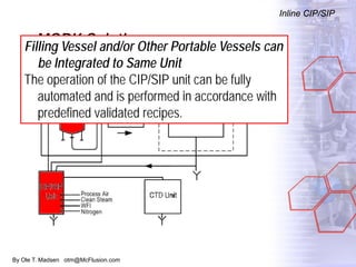 By Ole T. Madsen otm@McFlusion.com
MORK Solution
Inline CIP/SIP
Filling Vessel and/or Other Portable Vessels can
be Integrated to Same Unit
The operation of the CIP/SIP unit can be fully
automated and is performed in accordance with
predefined validated recipes.
 