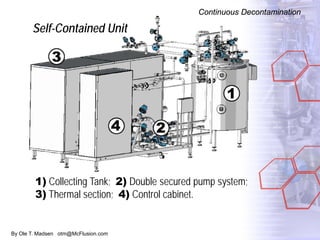 By Ole T. Madsen otm@McFlusion.com
Self-Contained Unit
Continuous Decontamination
1) Collecting Tank; 2) Double secured pump system;
3) Thermal section; 4) Control cabinet.
 