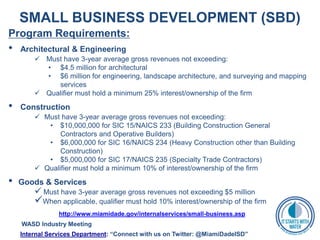 SMALL BUSINESS DEVELOPMENT (SBD)
Program Requirements:
• Architectural & Engineering
 Must have 3-year average gross revenues not exceeding:
• $4.5 million for architectural
• $6 million for engineering, landscape architecture, and surveying and mapping
services
 Qualifier must hold a minimum 25% interest/ownership of the firm
• Construction
 Must have 3-year average gross revenues not exceeding:
• $10,000,000 for SIC 15/NAICS 233 (Building Construction General
Contractors and Operative Builders)
• $6,000,000 for SIC 16/NAICS 234 (Heavy Construction other than Building
Construction)
• $5,000,000 for SIC 17/NAICS 235 (Specialty Trade Contractors)
 Qualifier must hold a minimum 10% of interest/ownership of the firm
• Goods & Services
 Must have 3-year average gross revenues not exceeding $5 million
When applicable, qualifier must hold 10% interest/ownership of the firm
http://www.miamidade.gov/internalservices/small-business.asp
WASD Industry Meeting
Internal Services Department: “Connect with us on Twitter: @MiamiDadeISD”
 