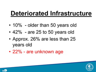Deteriorated Infrastructure
• 10% - older than 50 years old
• 42% - are 25 to 50 years old
• Approx. 26% are less than 25
years old
• 22% - are unknown age
 