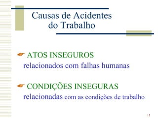 Causas de Acidentes
       do Trabalho


 ATOS INSEGUROS
 relacionados com falhas humanas

 CONDIÇÕES INSEGURAS
 relacionadas com as condições de trabalho

                                             15
 