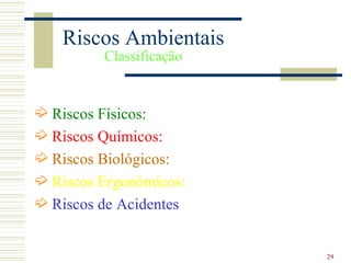 Riscos Ambientais
         Classificação


´ Riscos Físicos:
´ Riscos Químicos:
´ Riscos Biológicos:
´ Riscos Ergonômicos:
´ Riscos de Acidentes


                         29
 