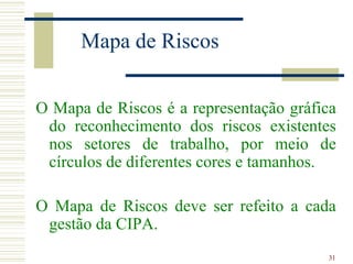 Mapa de Riscos


O Mapa de Riscos é a representação gráfica
 do reconhecimento dos riscos existentes
 nos setores de trabalho, por meio de
 círculos de diferentes cores e tamanhos.

O Mapa de Riscos deve ser refeito a cada
 gestão da CIPA.
                                        31
 