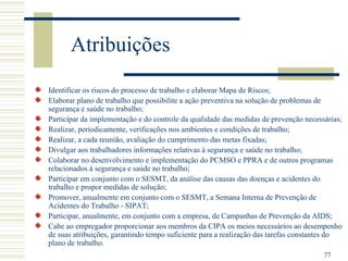 Atribuições
Identificar os riscos do processo de trabalho e elaborar Mapa de Riscos;
Elaborar plano de trabalho que possibilite a ação preventiva na solução de problemas de
segurança e saúde no trabalho;
Participar da implementação e do controle da qualidade das medidas de prevenção necessárias;
Realizar, periodicamente, verificações nos ambientes e condições de trabalho;
Realizar, a cada reunião, avaliação do cumprimento das metas fixadas;
Divulgar aos trabalhadores informações relativas à segurança e saúde no trabalho;
Colaborar no desenvolvimento e implementação do PCMSO e PPRA e de outros programas
relacionados à segurança e saúde no trabalho;
Participar em conjunto com o SESMT, da análise das causas das doenças e acidentes do
trabalho e propor medidas de solução;
Promover, anualmente em conjunto com o SESMT, a Semana Interna de Prevenção de
Acidentes do Trabalho - SIPAT;
Participar, anualmente, em conjunto com a empresa, de Campanhas de Prevenção da AIDS;
Cabe ao empregador proporcionar aos membros da CIPA os meios necessários ao desempenho
de suas atribuições, garantindo tempo suficiente para a realização das tarefas constantes do
plano de trabalho.
                                                                                      77
 