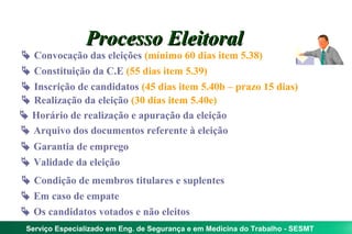 Processo Eleitoral
 Convocação das eleições (mínimo 60 dias item 5.38)
 Constituição da C.E (55 dias item 5.39)
 Inscrição de candidatos (45 dias item 5.40b – prazo 15 dias)
 Realização da eleição (30 dias item 5.40e)
 Horário de realização e apuração da eleição
 Arquivo dos documentos referente à eleição
 Garantia de emprego
 Validade da eleição
 Condição de membros titulares e suplentes
 Em caso de empate
 Os candidatos votados e não eleitos
 Serviço Especializado em Eng. de Segurança e em Medicina do Trabalho - SESMT
 