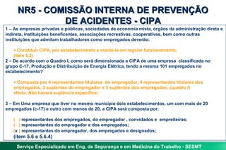 NR5 - COMISSÃO INTERNA DE PREVENÇÃO
              DE ACIDENTES - CIPA
1 – As empresas privadas e públicas, sociedades de economia mista, órgãos da administração direta e
indireta, instituições beneficentes, associações recreativas, cooperativas, bem como outras
instituições que admitam trabalhadores como empregados deverão:

    • Constituir CIPA, por estabelecimento e mantê-la em regular funcionamento;
    (Item 5.2)
2 – De acordo com o Quadro I, como será dimensionada a CIPA de uma empresa classificada no
grupo C-17, Produção e Distribuição de Energia Elétrica, tendo a mesma 101 empregados no
estabelecimento?

   • Composta por 4 representantes titulares do empregador, 4 representantes titulares dos
   empregados, 3 suplentes do empregador e 3 suplentes dos empregados; (quadro I)
   •Nota: Não haverá suplência específica;

3 – Em Uma empresa que tiver no mesmo município dois estabelecimentos, um com mais de 20
empregados (c-17) e outro com menos de 20, a CIPA será composta por:

   ( ) representantes dos empregados, do empregador , convidados e empreiteiras;
   ( ) representantes do empregador e dos empregados;
   (x ) representantes do empregador, dos empregados e designados;
   (item 5.6 e 5.6.4)
     Serviço Especializado em Eng. de Segurança e em Medicina do Trabalho - SESMT
 