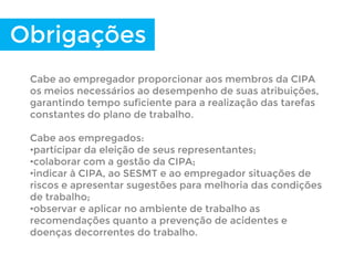 Obrigações
Cabe ao empregador proporcionar aos membros da CIPA
os meios necessários ao desempenho de suas atribuições,
garantindo tempo suficiente para a realização das tarefas
constantes do plano de trabalho.
Cabe aos empregados:
•participar da eleição de seus representantes;
•colaborar com a gestão da CIPA;
•indicar à CIPA, ao SESMT e ao empregador situações de
riscos e apresentar sugestões para melhoria das condições
de trabalho;
•observar e aplicar no ambiente de trabalho as
recomendações quanto a prevenção de acidentes e
doenças decorrentes do trabalho.
 