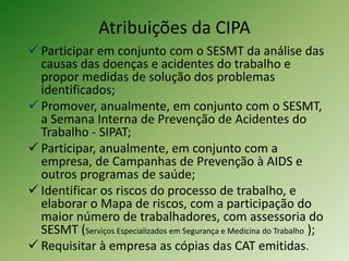 Atribuições da CIPA
 Participar em conjunto com o SESMT da análise das
causas das doenças e acidentes do trabalho e
propor medidas de solução dos problemas
identificados;
 Promover, anualmente, em conjunto com o SESMT,
a Semana Interna de Prevenção de Acidentes do
Trabalho - SIPAT;
 Participar, anualmente, em conjunto com a
empresa, de Campanhas de Prevenção à AIDS e
outros programas de saúde;
 Identificar os riscos do processo de trabalho, e
elaborar o Mapa de riscos, com a participação do
maior número de trabalhadores, com assessoria do
SESMT (Serviços Especializados em Segurança e Medicina do Trabalho );
 Requisitar à empresa as cópias das CAT emitidas.
 